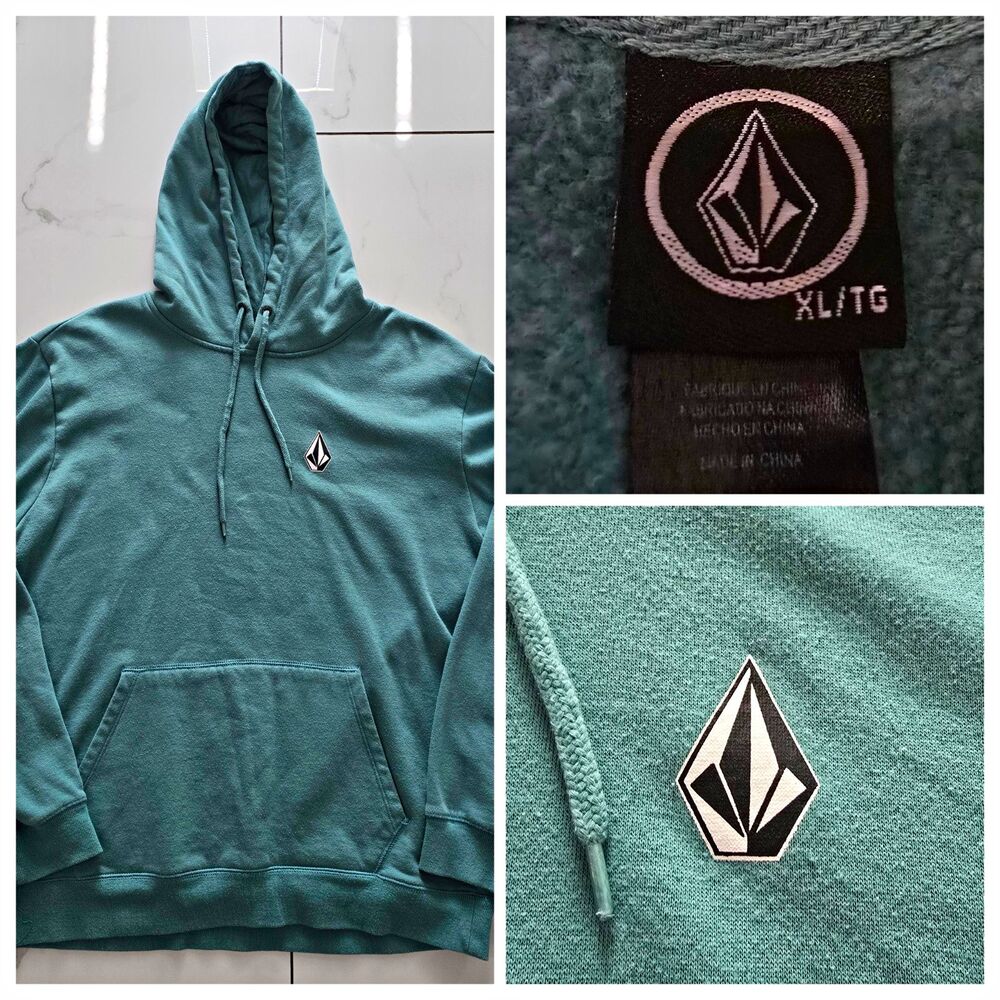 Volcom Blue Fleece Pullover Hoodie Mens XL Logo Pockets Drawstring Skate Sweater